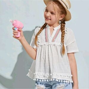Girls Pom Pom Detail Swiss Dot Top